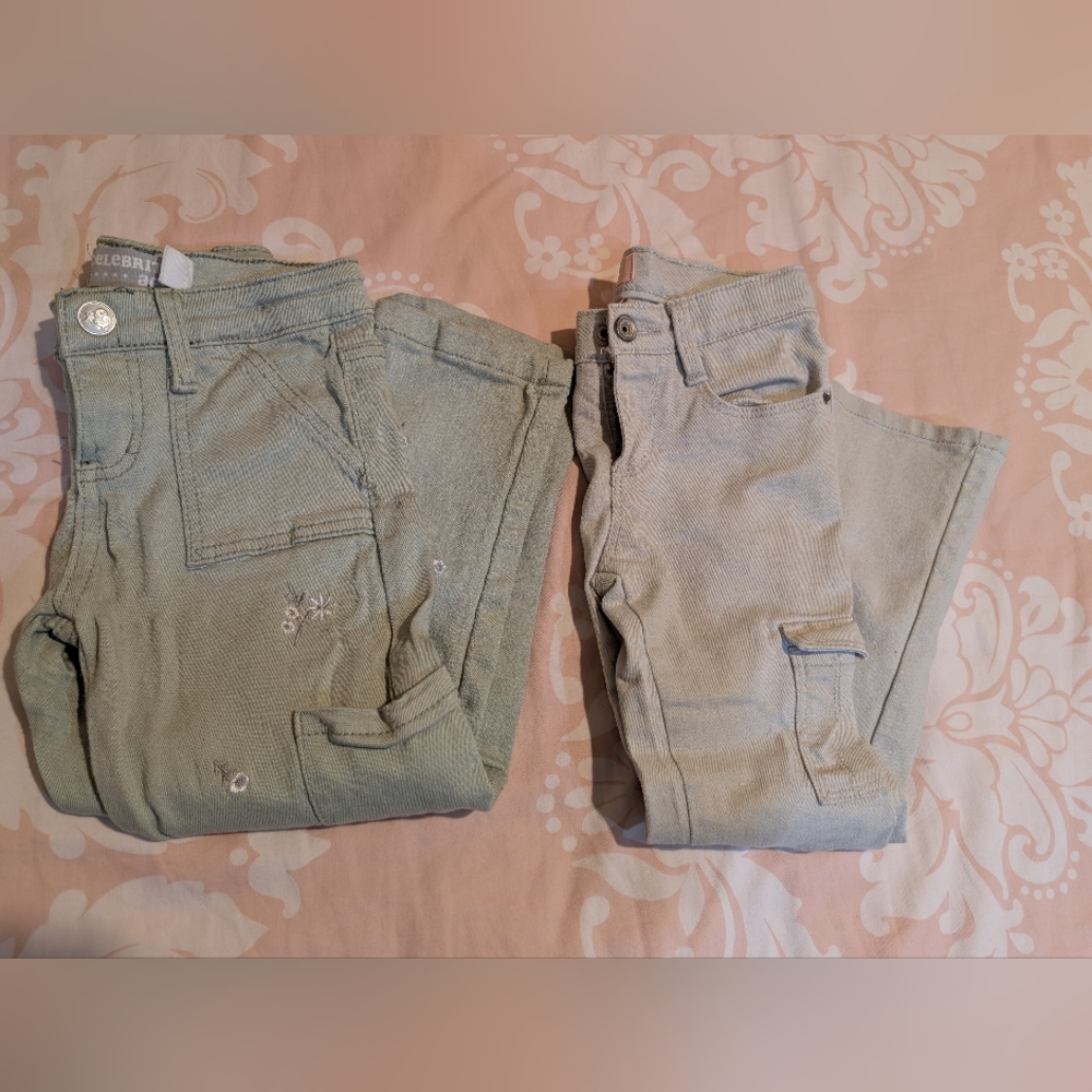 Girls Set Of 2 Cargo Jeans- Green Olive with floral embroidery & Beige. Size 5